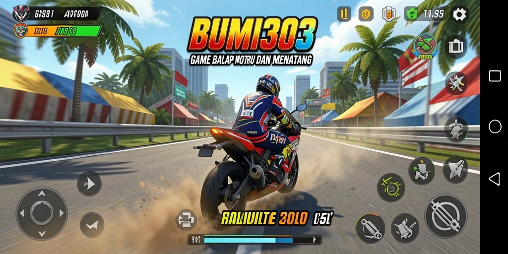 Tampilan gameplay seru BUMI303 dengan balapan motor yang menegangkan.