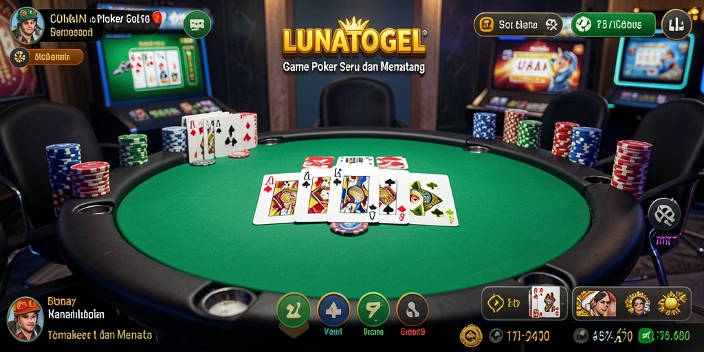 Screenshot LUNATOGEL menampilkan gameplay Poker yang mendebarkan.