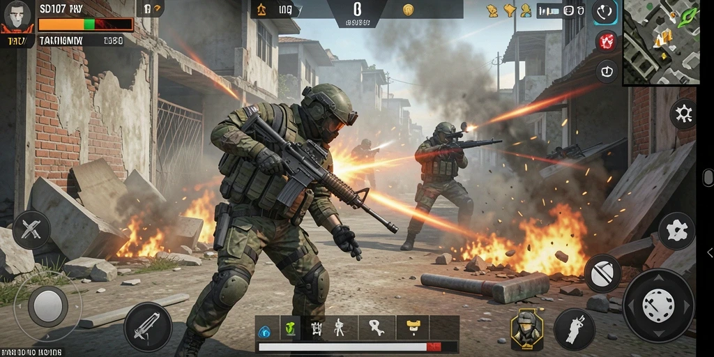 Tangkapan layar tampilan gameplay SD107 dengan aksi pertempuran yang mendebarkan.