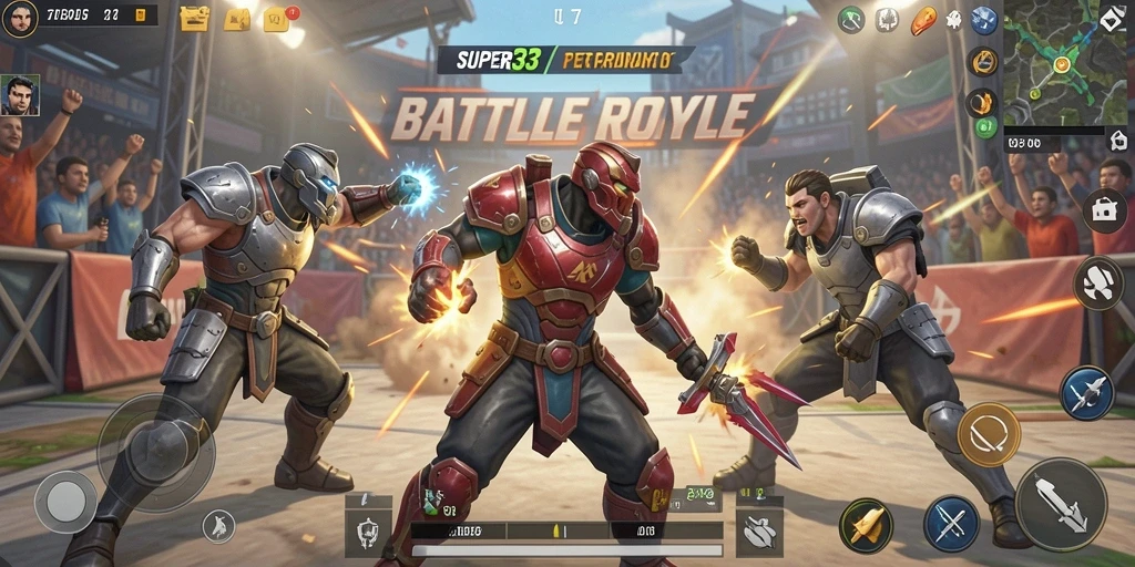 Screenshot gameplay SUPER33 menunjukkan pertarungan epik Battle Royale.