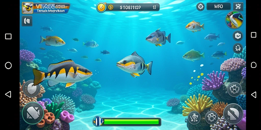 Tangkapan layar VITA555 menampilkan aksi seru menembak ikan di bawah laut.